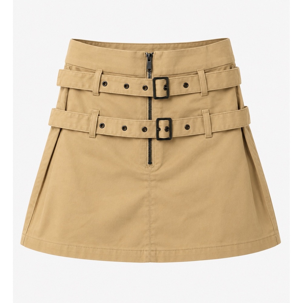 Zara Trafaluc Women's XS Khaki Double Belt Zip Front Mini Skirt Y2K Utility